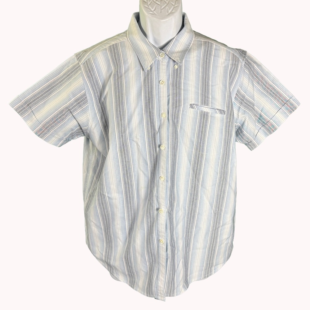 Cabin Creek Button Down Shirt Womens 16 Blue Striped Wrinkle Free Short Sleeve